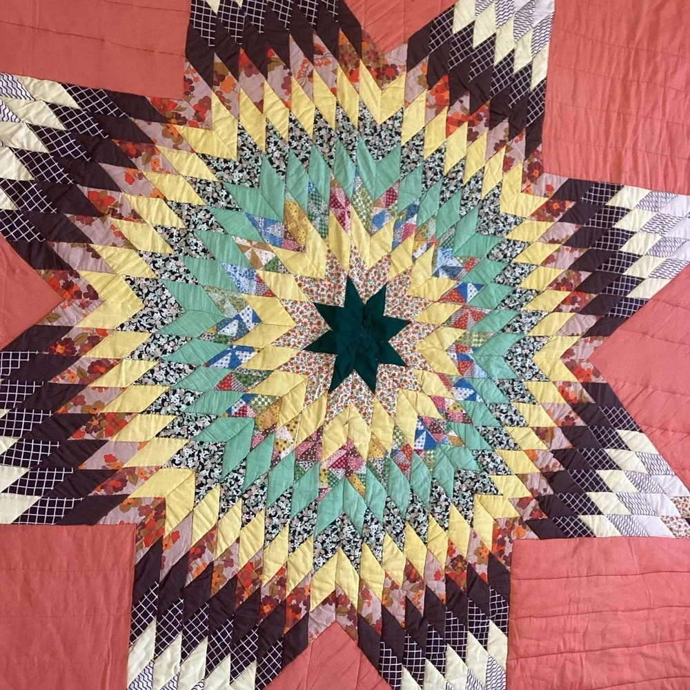 Vintage Lone Star Quilt Orange Brown Green 84”x90”
